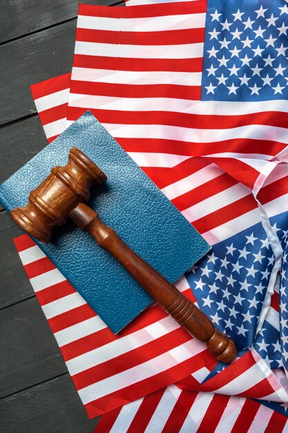 A gavel resting on a copy of the United States Constitution, with the scales of justice subtly blurred in the background. The focus is sharp on the gavel and the Constitution, symbolizing the authority and foundational principles of the Supreme Court.