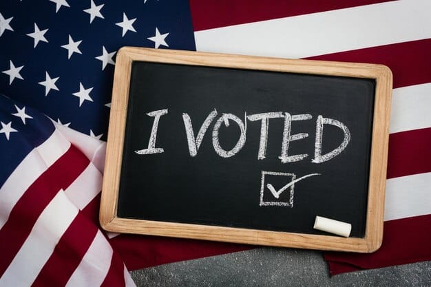A split image showing on one side a voting booth with an emphasized 