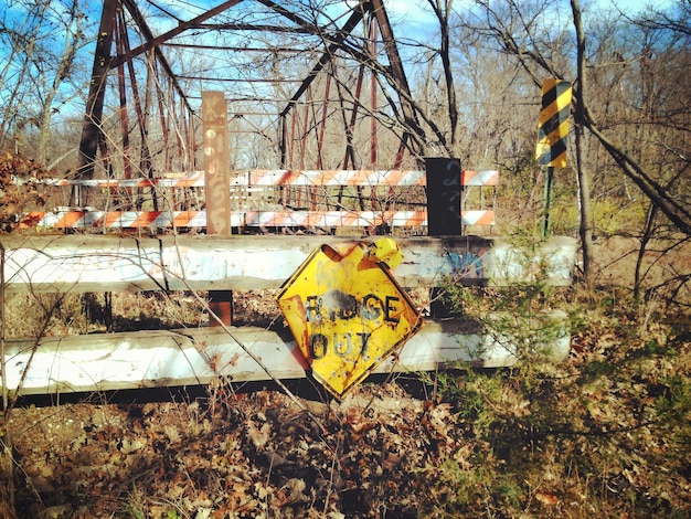 A crumbling bridge with a sign indicating 