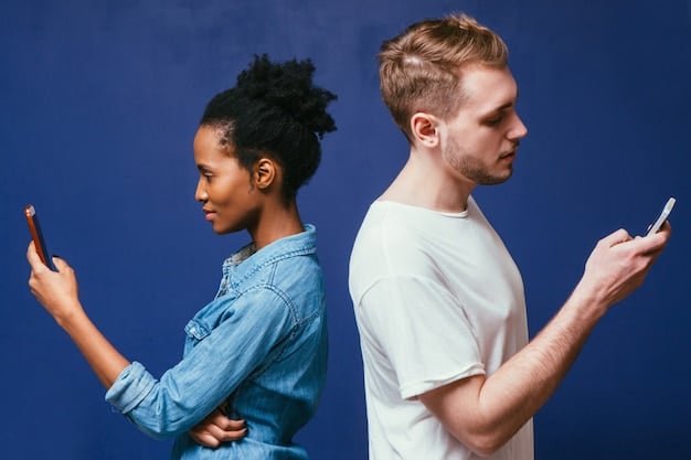 A split image showing two people looking at their phones. One person is surrounded by screens showing left-leaning news and opinions, while the other person is surrounded by screens showing right-leaning content. The image illustrates the concept of echo chambers on social media.