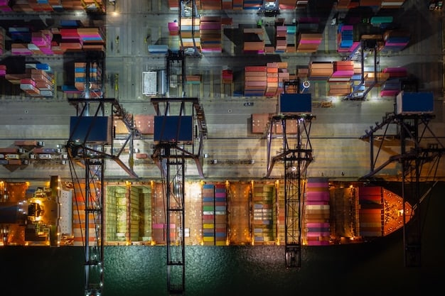 A visual representation of the supply chain bottleneck, showing ships backed up at ports and trucks waiting to unload goods, highlighting the impact of supply chain issues on inflation.