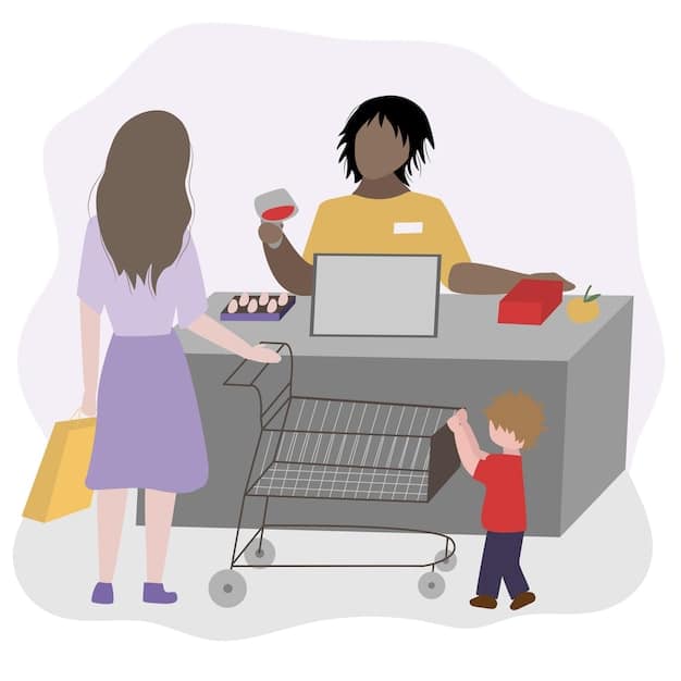 A family struggling to pay for groceries at a supermarket checkout, symbolizing the financial strain on households due to rising inflation.