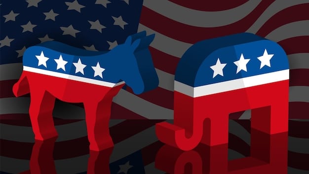 A split image comparing the Democratic and Republican party symbols, highlighting their differing viewpoints on the Infrastructure Bill.