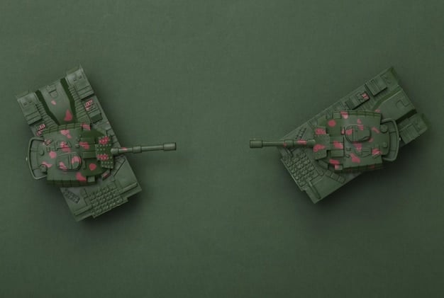 A split image showing, on one side, an army tank, and on the other side, a modern school building, with a dollar sign connecting them, symbolizing the opportunity cost of choosing military spending over education.