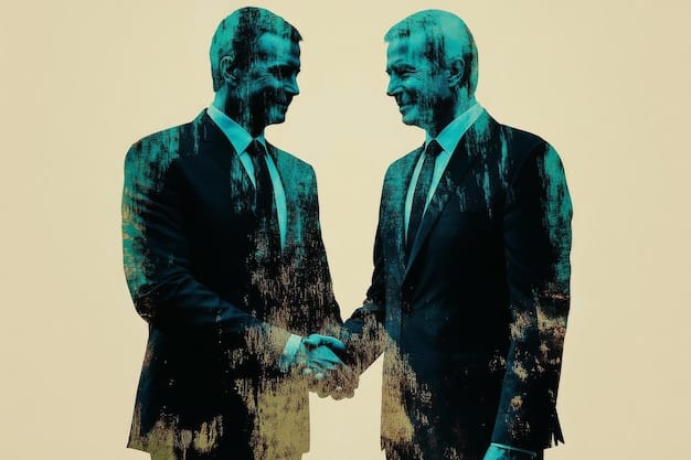 A digitally enhanced image showing a handshake between two individuals, one dressed in a suit representing the United States and the other in a suit representing the European Union, against a backdrop of financial charts and graphs indicating economic growth and cooperation.