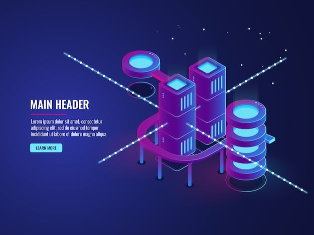 An isometric view of network infrastructure showing servers, routers, and firewalls interconnected with glowing data streams, secured by digital locks and shield icons.