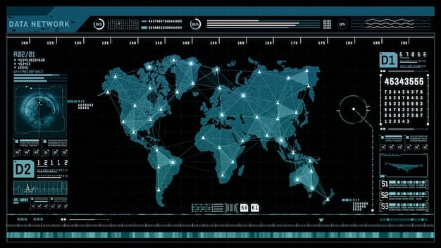 A futuristic interface displaying a world map with interconnected digital nodes and pathways, representing global cyber activity being monitored and defended in real-time.