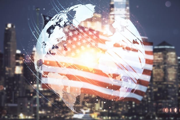 An American flag superimposed over a world map, with lines connecting the US to various international cities, symbolizing global business operations and strategic acquisitions.