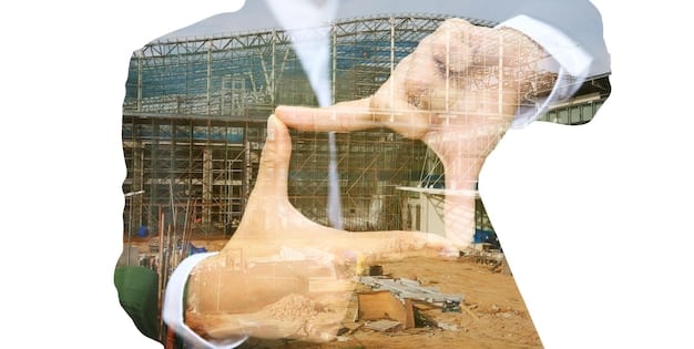 A collage displaying contrasting images: one side shows a bustling construction site funded by a Chinese initiative, the other side depicts a well-planned, environmentally conscious US-backed project.