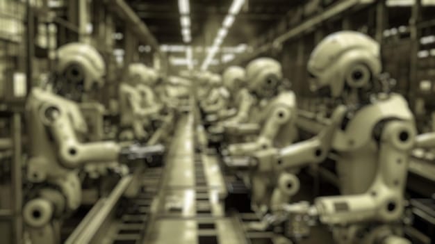 A bustling factory floor in the United States, showcasing advanced manufacturing processes with robotic arms assembling automotive parts. Workers in safety gear are overseeing the operations, highlighting the integration of technology and human labor in the manufacturing sector.