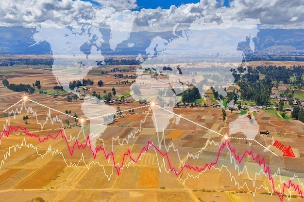 A graph showing the decline in US agricultural exports to China over the past five years, with specific data points highlighted, illustrating the direct correlation between China's economic growth rate and the amount of agricultural products it imports from the US.