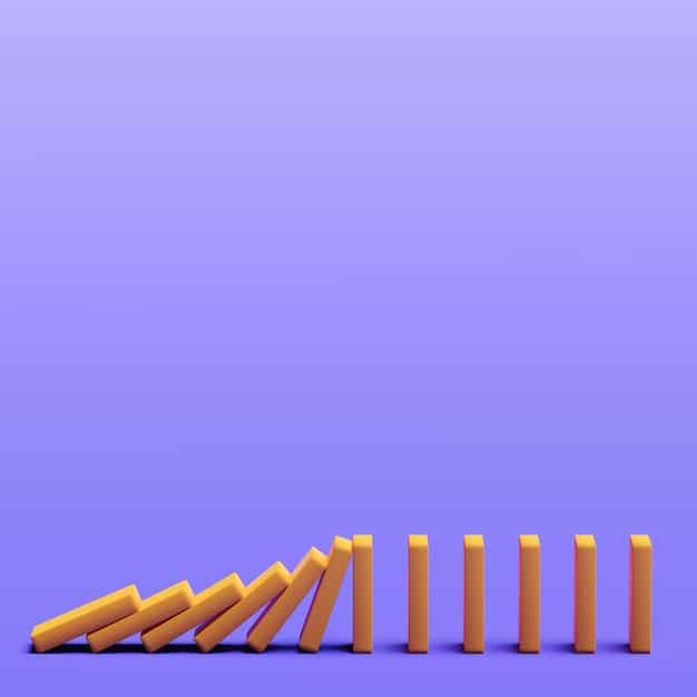 A stylized representation of dominoes falling, symbolizing the economic contagion effect from a debt crisis spreading globally to the US.